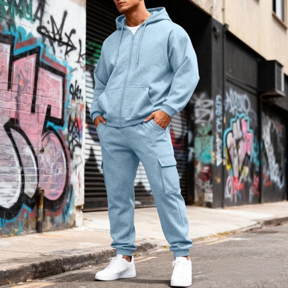 Dwelliawo Sweatsuits for Men 2 Piece Solid Color Zipper Fleece Pullover Hoodies Jogging Running Pants Set Casual Fall Winter Suit with Pockets Light Blue 2XL