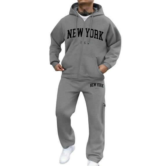 Dwelliawo Sweatsuits for Men 2 Piece Solid Color Zipper Relaxed Fit Pullover Hoodies Jogging Sport Pant Set Casual Fall Winter Suit with Pockets Light Gray S