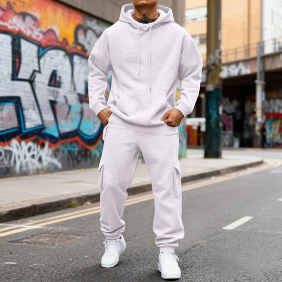 Dwelliawo Sweatsuits for Men 2 Piece Solid Color Casual Hoodie Cargo Pants Athletic Pants Set Relaxed Fit Fall Winter Suits with Pockets White XL