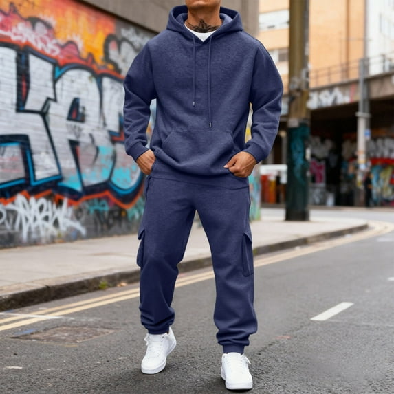 Dwelliawo Sweatsuits for Men 2 Piece Solid Color Casual Hoodie Jogging Sport Pant Set Relaxed Fit Fall Winter Suits with Pockets Navy L