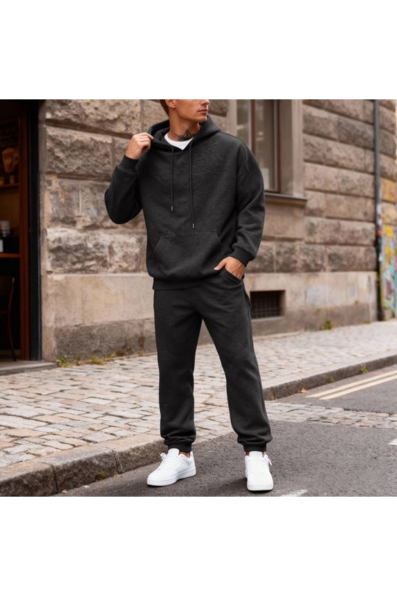 Sweatsuits for Men 2 Piece Solid Color Fleece Hoodie Jogging Sport Pants Set Sweat Winter Suits with Pockets Black L