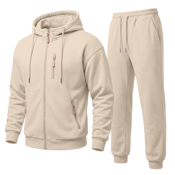 Dwelliawo Sweatsuits for Men 2 Piece Solid Color Full Zip Casual Hoodie Joggers Sport Pant Set Sweat Fall Suit with Pockets Beige 2XL