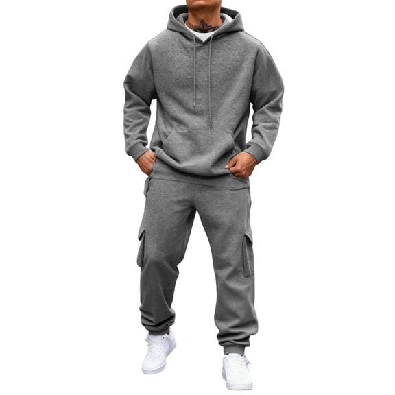 Dwelliawo Sweatsuits for Men 2 Piece Solid Color Sweat Pullover Hoodies Cargo Pants Athletic Pants Set Fleece Fall Suit with Pockets Gray 3XL