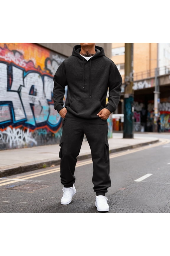 Sweatsuits for Men 2 Piece Solid Color Sweat Pullover Hoodies Jogging Athletic Pant Set Relaxed Fit Fall Suit with Pockets Black M
