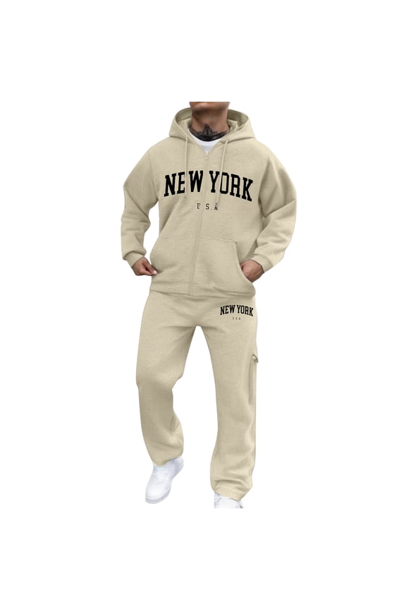 Sweatsuits for Men 2 Piece Solid Color Zipper Casual Hoodie Jogging Sport Pant Set Sweat Fall Suits with Pockets Khaki 2XL