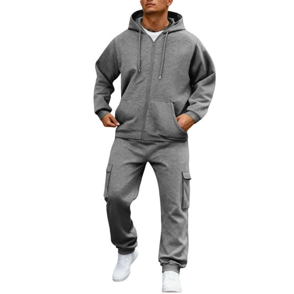 Dwelliawo Sweatsuits for Men 2 Piece Solid Color Zipper Casual Pullover Hoodies Cargo Pants Athletic Pants Set Sweat Fall Suit with Pockets Gray M