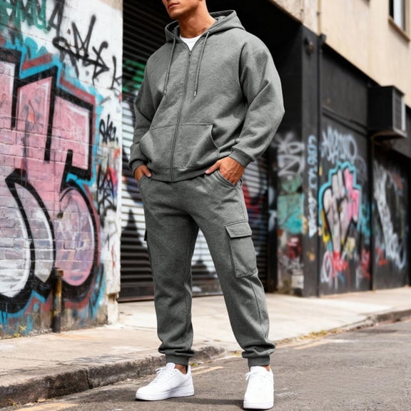 Dwelliawo Sweatsuits for Men 2 Piece Solid Color Zipper Fleece Hoodie Cargo Pants Sport Pant Set Casual Fall Suits with Pockets Gray XL