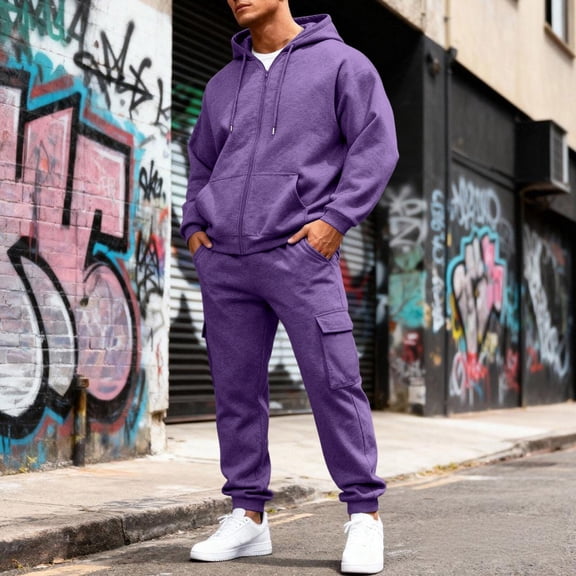 Dwelliawo Sweatsuits for Men 2 Piece Solid Color Zipper Sweat Hoodie Jogging Running Pants Set Fleece Winter Suit with Pockets Purple 3XL