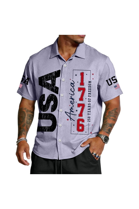 USA 250Th Anniversary Dress Shirt Short Sleeve Button Up Plus Size American Patriotic Shirts for Men 250 Merchandise Light Purple M
