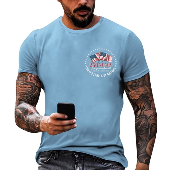 Dwelliawo USA Short Sleeve T Shirt Men USA Crewneck Tops Usa Patriotic Apparel Casual T Shirt Short Sleeve Plus Size Graphic Tee Light Blue 2XL