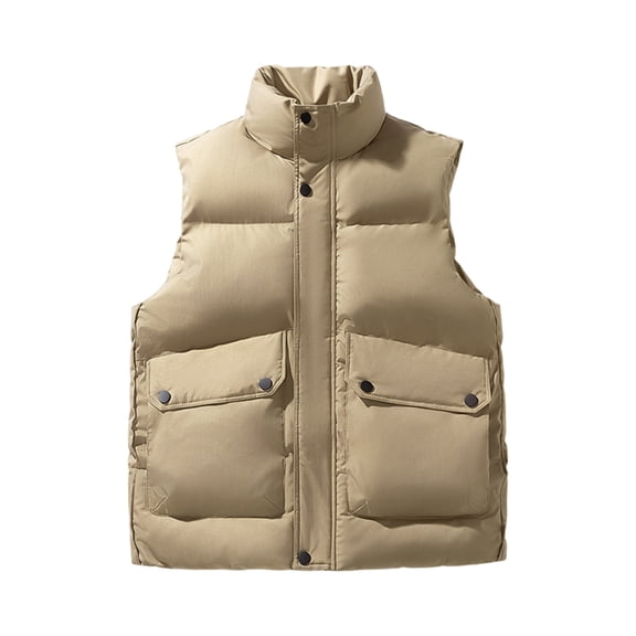 Dwelliawo Vest for Men Thick Outerwear Warm Lightweight Puffer Stand Collar Vests Casual Winter Padded Coat Hiking Travel Jacket Khaki 32XL