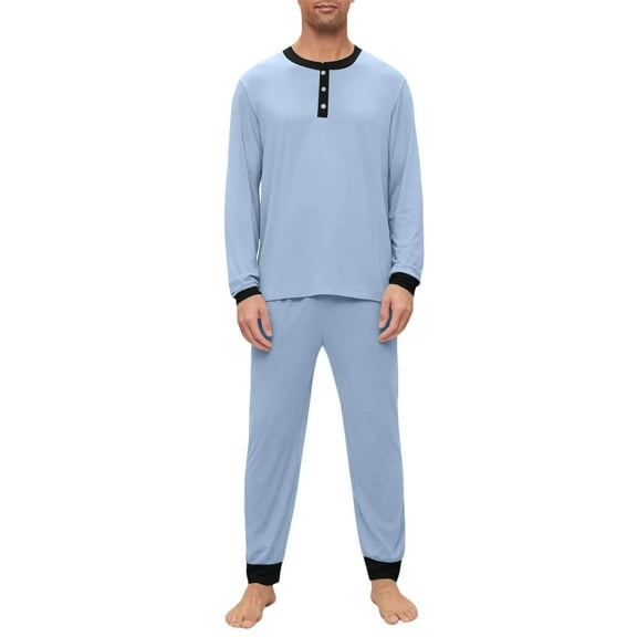 Dwelliawo Viscose Soft Pajamas Sets for Men 2-Piece Henley Collar Long Sleeve Tee and Pants with Pockets Pj Set Lounge Comfy Loose Fit Fall Winter Dressy Solid Sleepwear Blue L