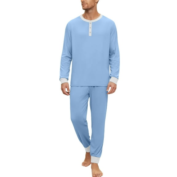 Dwelliawo Viscose Soft Pajamas Sets for Men 2-Piece Henley Long Sleeve Tshirts and Pants Pockets Pj Set Lounge Comfy Loose Fit Fall Winter Dressy Solid Color Sleepwear Sky Blue XL