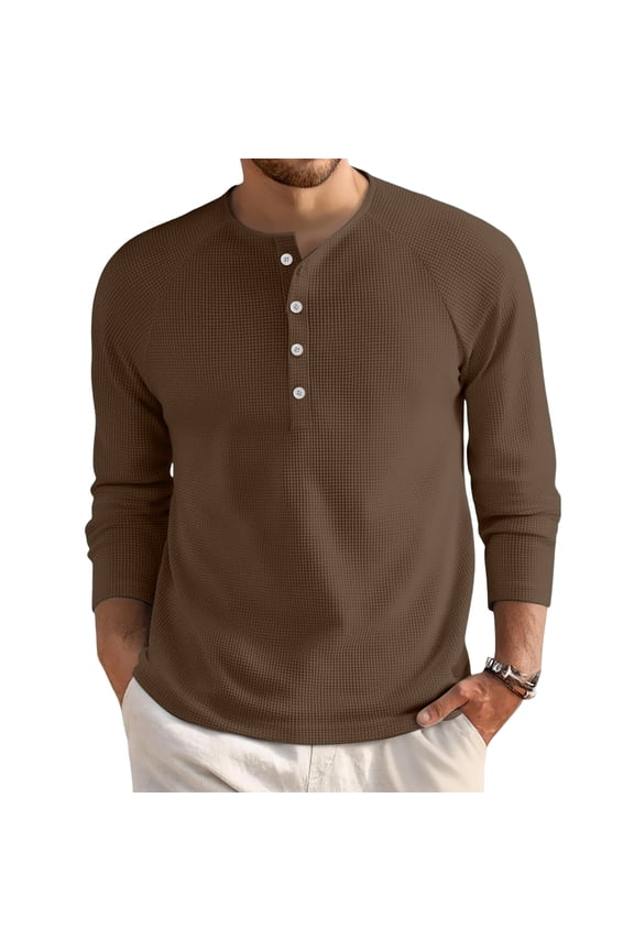 Waffle Henley Shirts for Men Waffle Henley Casual Basic Shirt Long Sleeve Button Winter T-Shirts Stylish Lightweight Tee Shirts Coffee M