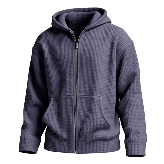 Dwelliawo Waffle Knit Hoodies for Men Full Zip Drawstring Hooded Sweatshirts with Pocket Lightweight Loose Fit Athletic Jackets Navy XL