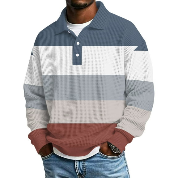 Dwelliawo Waffle Long Sleeve Polo Shirts for Men Workout Color Block Henley Shirt Collared Big and Tall Comfort Tops Heavyweight Quarter Button Waffle Shirts Royal Blue S