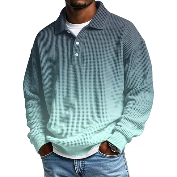 Dwelliawo Waffle Long Sleeve Polo Shirts for Men Workout Oversized Waffle Shirt with Collar Heavyweight Comfort Tshirts Big and Tall Button Up Henley Shirts Light Blue M