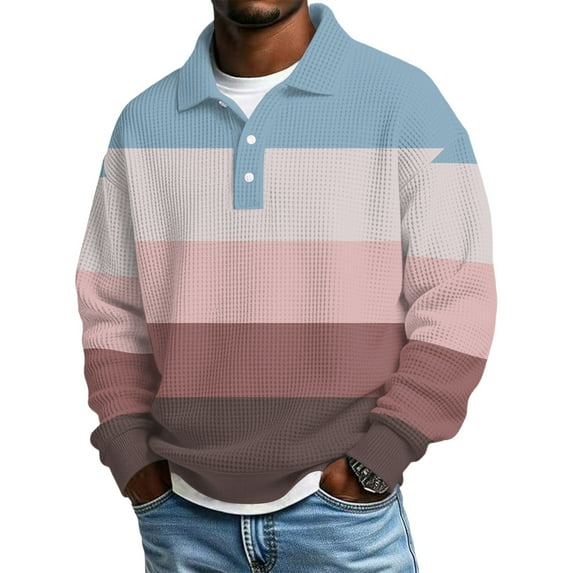 Dwelliawo Waffle Polo Shirts for Men Golf Color Block Henley Shirts Collared Comfort Big and Tall Tops Heavyweight Button Up Waffle Shirt Blue 5XL