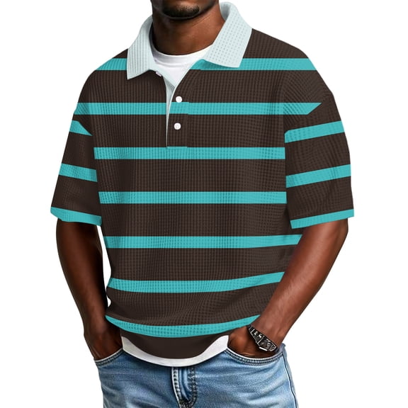 Dwelliawo Waffle Polo Shirts for Men Workout Oversized Waffle Shirts Collared Heavyweight Big and Tall Tops Casual Button Up Henley Shirt Cyan XL