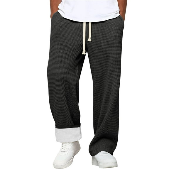 Dwelliawo Wide Leg Fuzzy Sweatpants for Men Solid Waffle Textured Trousers Lightweight Sherpa Lined Baggy Fleece Travel Sweatpant with Pockets Casual Sweatpants Black 2XL