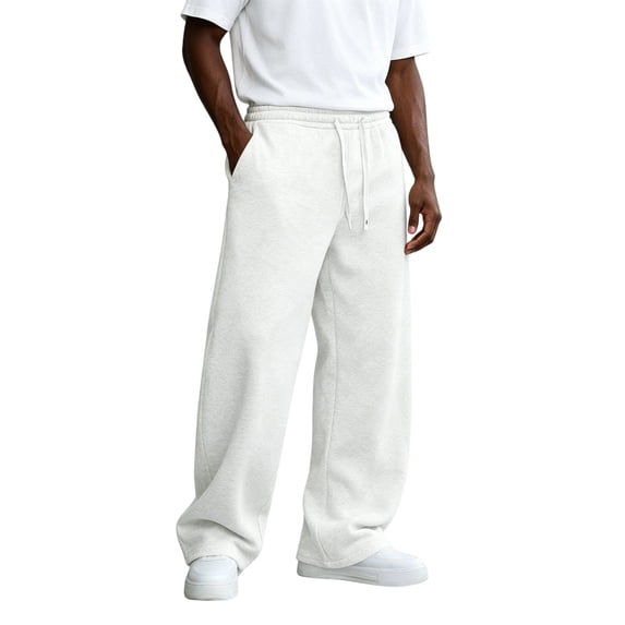 Dwelliawo Wide Leg Sweatpants for Men Baggy Joggers Drawstring Loose Athletic Trousers Fall Fleece Big and Tall Cotton Sweat Pants with Pockets White M