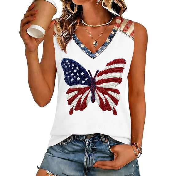 Dwelliawo Women's 4th of July Patriotic Tank Top, USA 250th Anniversary American Flag Sleeveless V Neck Casual Summer Tee Watermelon Red L