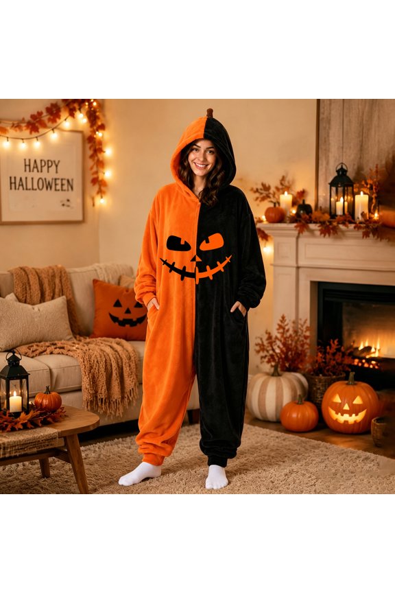 Women's Oversized Onesies Pajamas - Cozy Pumpkin Halloween Costumes,Soft Plush Hooded Jumpsuit with Jack-O-Lantern Hood and Side Pockets for Homewear Sleepwear Saffron M