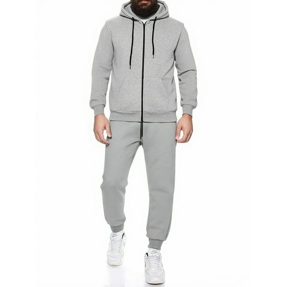 Dwelliawo Zipper Sweat Suits for Men 2 Piece Hoodie and Sweatpants Heavyweight Solid Color Sweat Hoodie Jogging Sport Pant Set Fleece Fall Suit with Pockets Light Gray 3XL