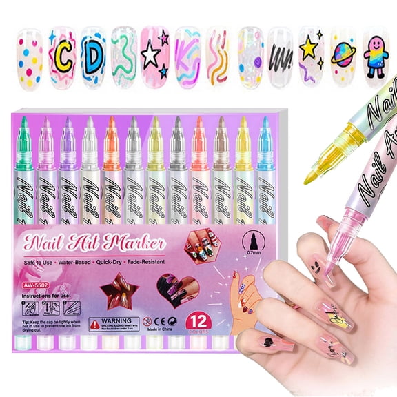Dwellin 12 Colors Nail Pens Set Quick Drying Nails Polish Art Paint Markers for Painting Dotting Liner Salon DIY Design Kit