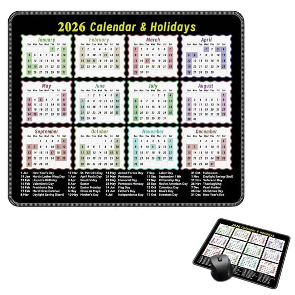 Dwellin 2026 Calendar Mouses Pad 9.8x11.8 Inch Portable Waterproof Non Slip Computer Laptop Mousemat Holiday Markings for Work Study Gaming
