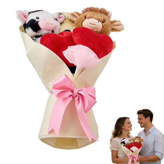 Dwellin 2026 Valentines Plush Bouquet Set of 2 Highlands Cow with Hearts Cute Plush Toys Decorations Gifts for Anniversary Weddings Holiday Party Decor