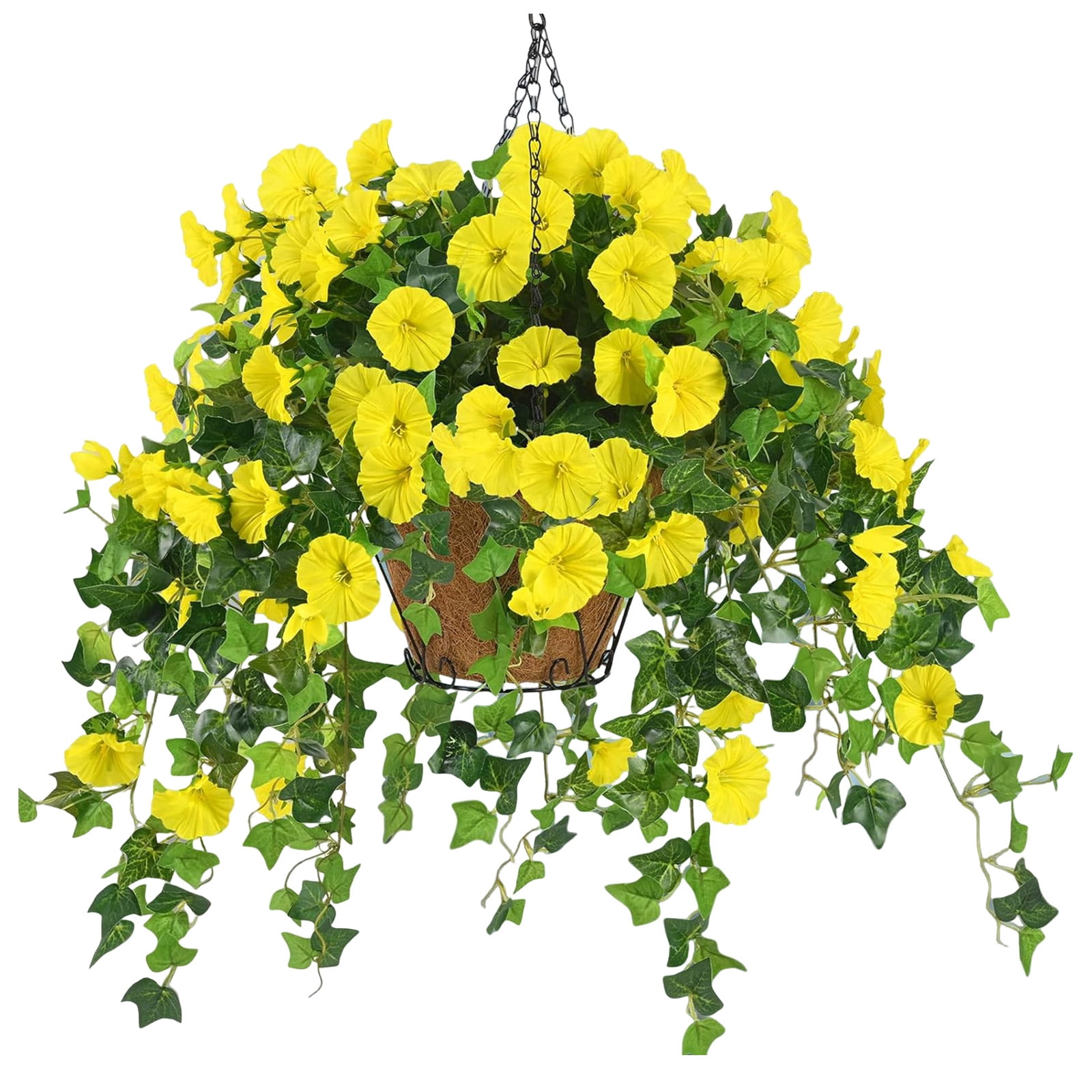 Dwellin Artificial Hanging Fake Flowers with Baskets Plants for Outdoor Decoration Faux Silk Floral Decorations for Spring Planters Home Porch Patio Garden Decor(Yellow)