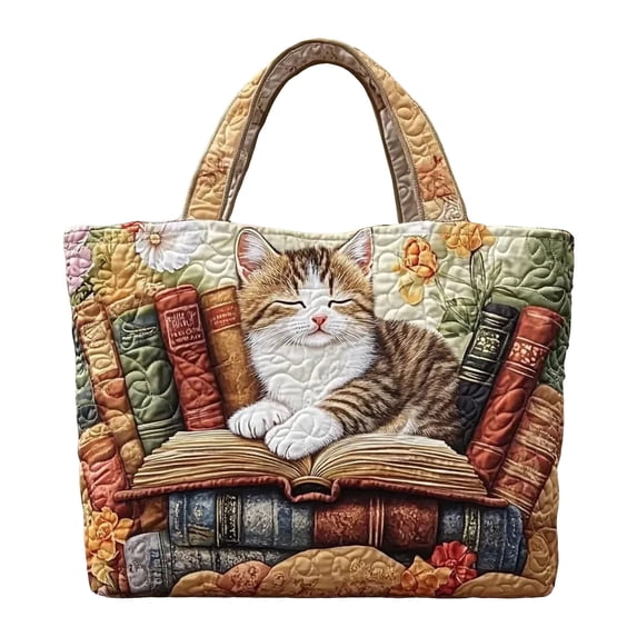 Dwellin Cat Print Quilted Tote Bag Women's Lightweight Large Capacity Cotton Shoulder Bags Travel Shopping Purse and Handbags