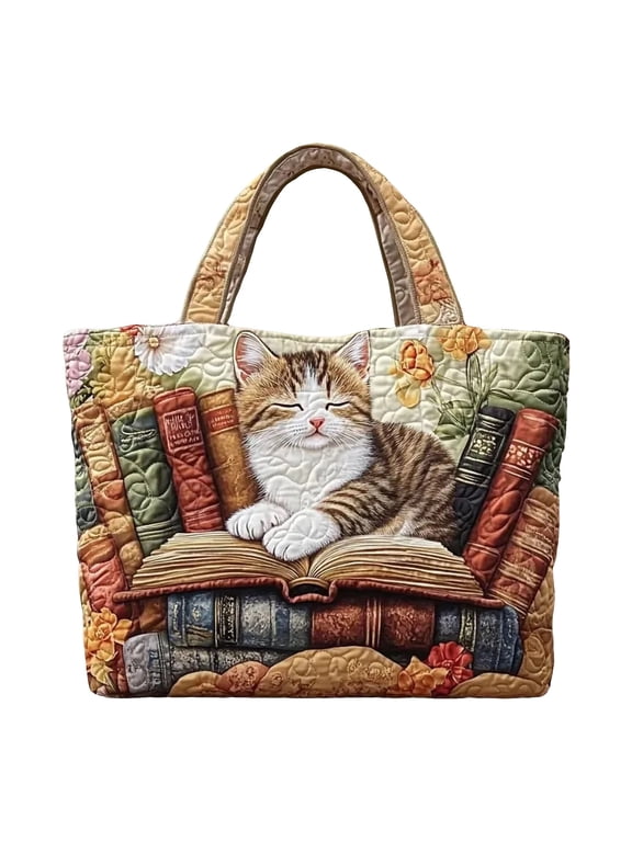 Cat Print Quilted Tote Bag Women's Lightweight Large Capacity Cotton Shoulder Bags Travel Shopping Purse and Handbags