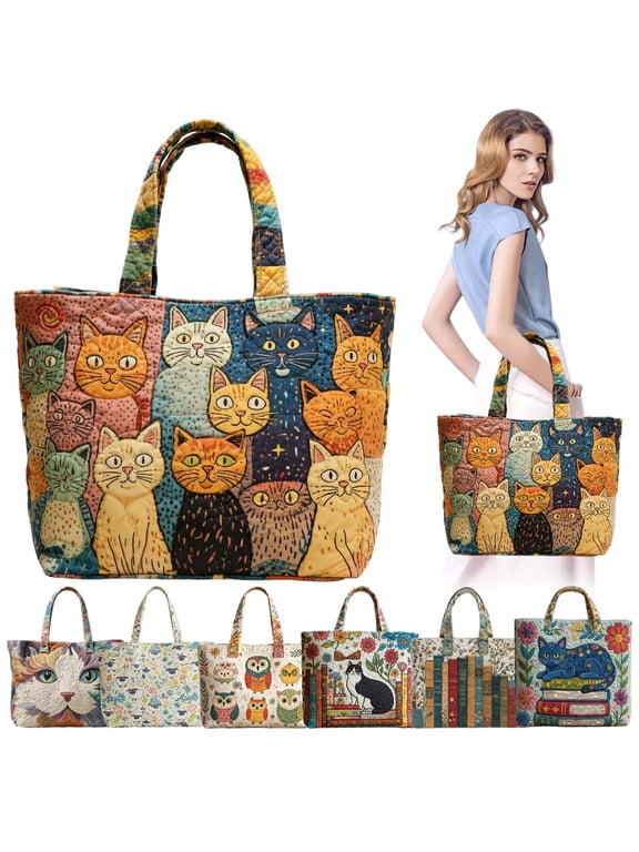 Cute Quilted Tote Bag for Women Lightweight Floral Cat Shoulder Handbags Top Handle Satchel for College Travel Work Shopping