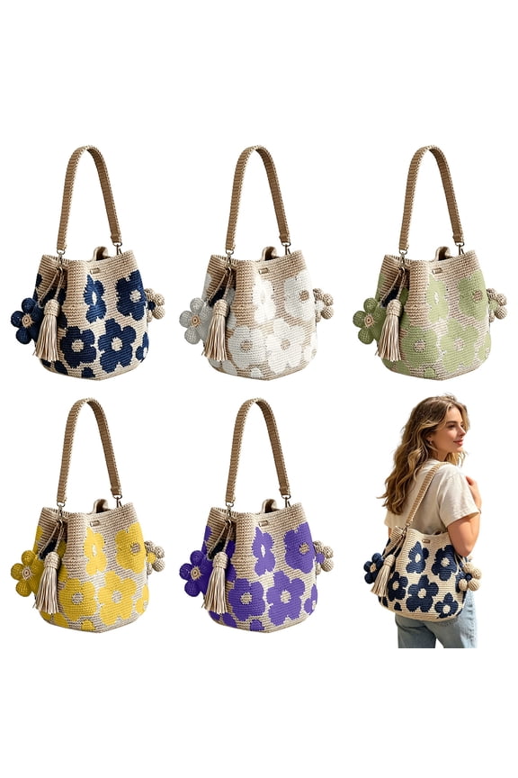 Handmade Crochet Flower Tote Knit Floral Purse Bag Boho Beach Handbags Crossbody Shoulder Bag for Women Vacation - Green