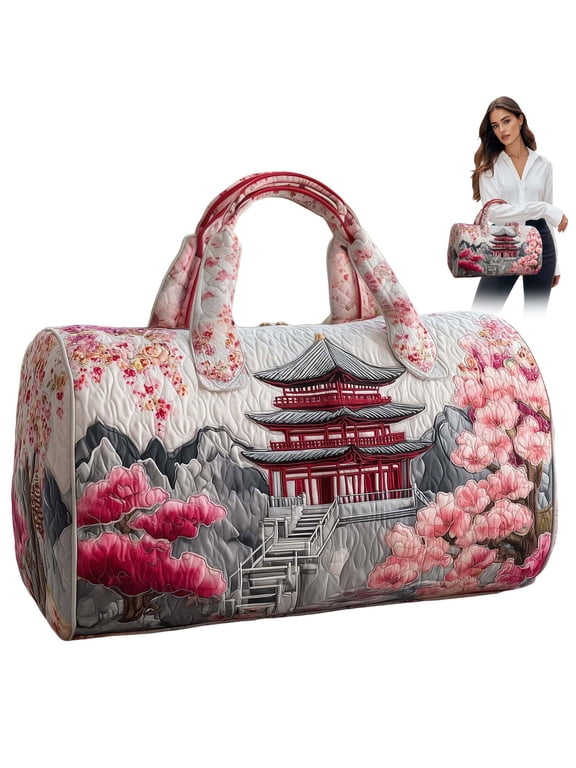 Large Quilted Duffle Bag for Women Floral Print Barrel Overnight Weekender Handbag Travel Holiday Top Handle Satchel B-A 16*8*8"