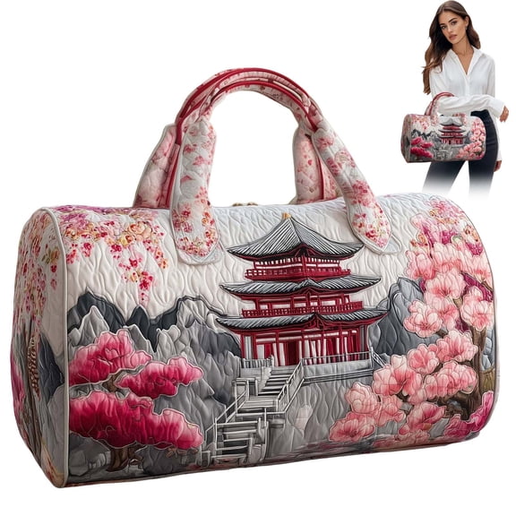 Dwellin Large Quilted Duffle Bag for Women Floral Print Barrel Overnight Weekender Handbag Travel Holiday Top Handle Satchel B-B 18*9*9"