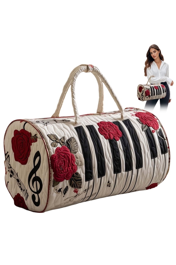 Large Quilted Duffle Bag for Women Floral Print Barrel Overnight Weekender Handbag Travel Holiday Top Handle Satchel L-A 16*8*8"