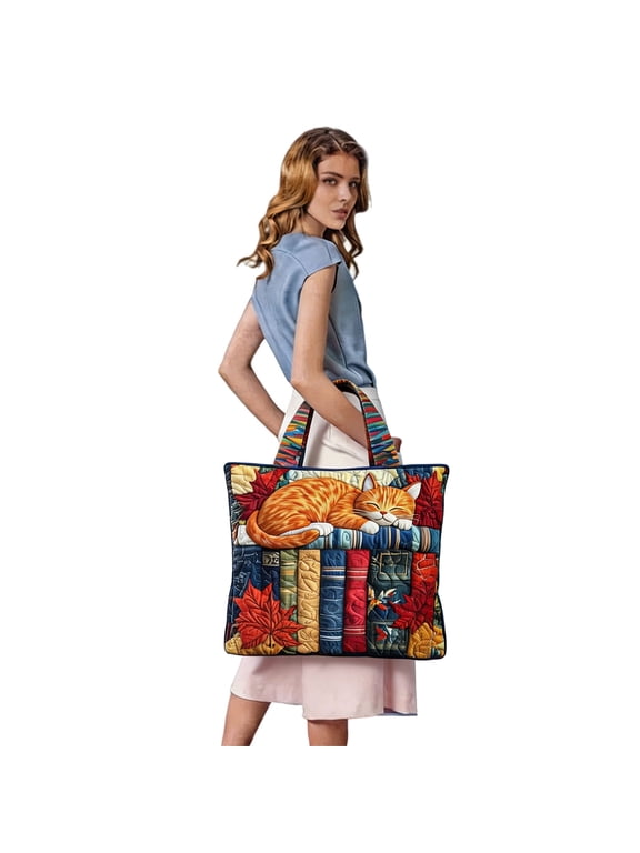 Quilted Tote Bag 3 Sizes Vintage Shoulder Bags Cute Dog Cat Print Casual Handbags for Daily Use Travel Shopping
