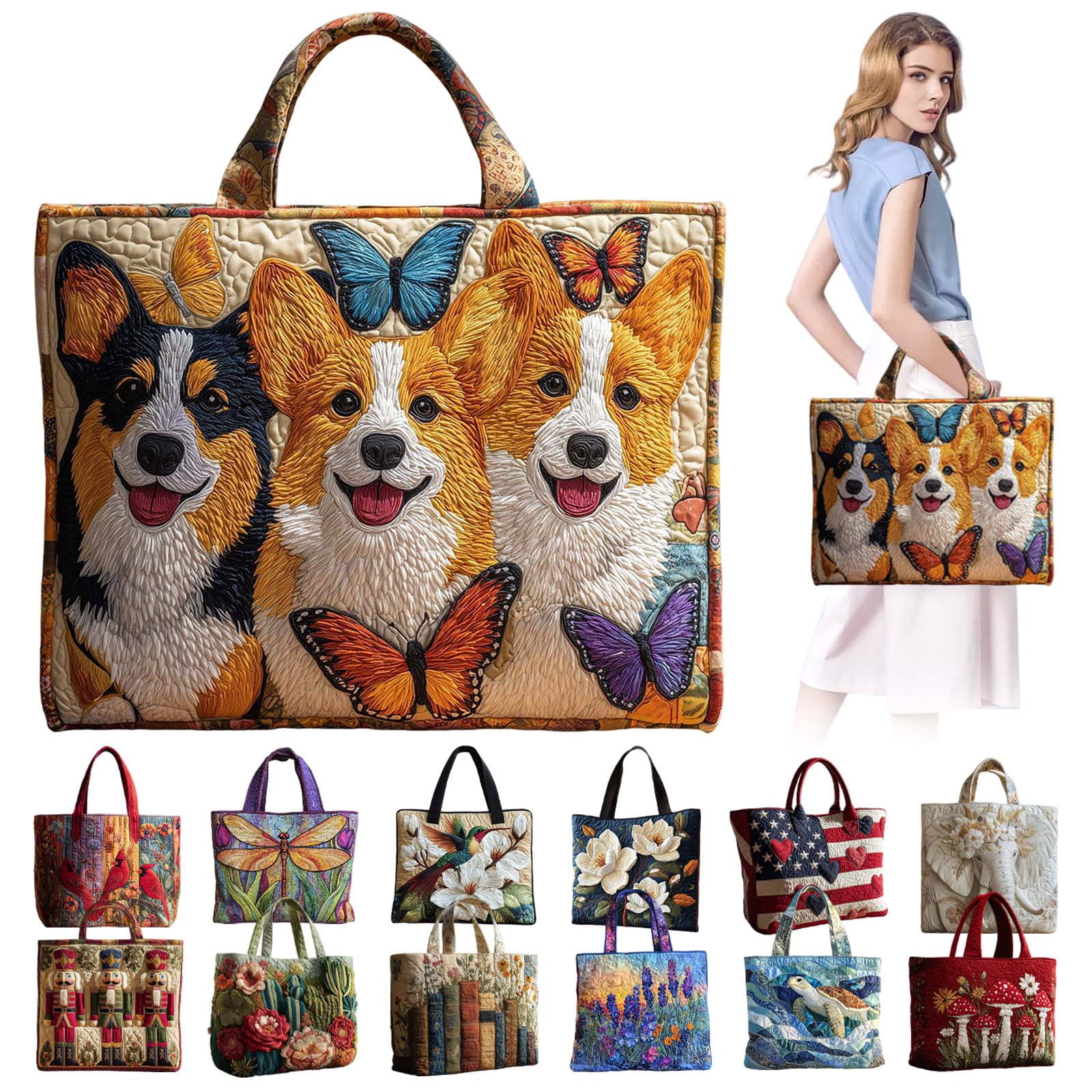 Dwellin Quilted Tote Bag for Women Large Beach Shoulder Purse Handbag Floral Print Top Handle Satchel for Travel Work A-B 14*16"