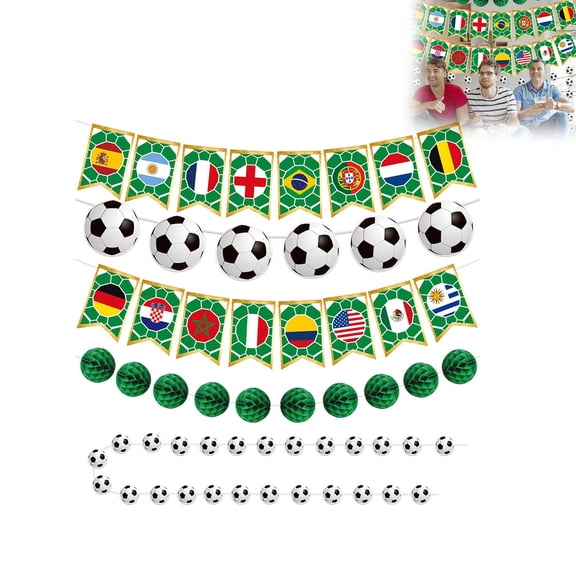 Dwellin Soccer Party Decorations International World Flags Banner Football Cutouts Honeycomb Bunting Garlands for Sports Birthday Match Viewing Supplies