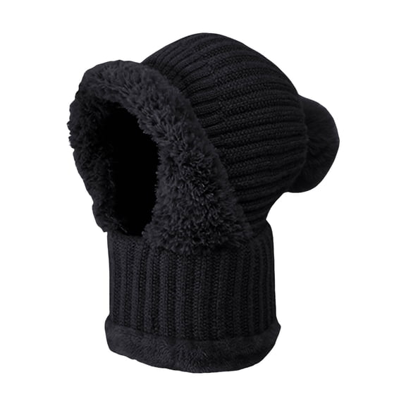 Dwellin Three In 1 Beenie Hat with Scarf and Maskes for Women Fall Winter Warm Knitted Windproof Face Covered Hooded Scarf(Black)