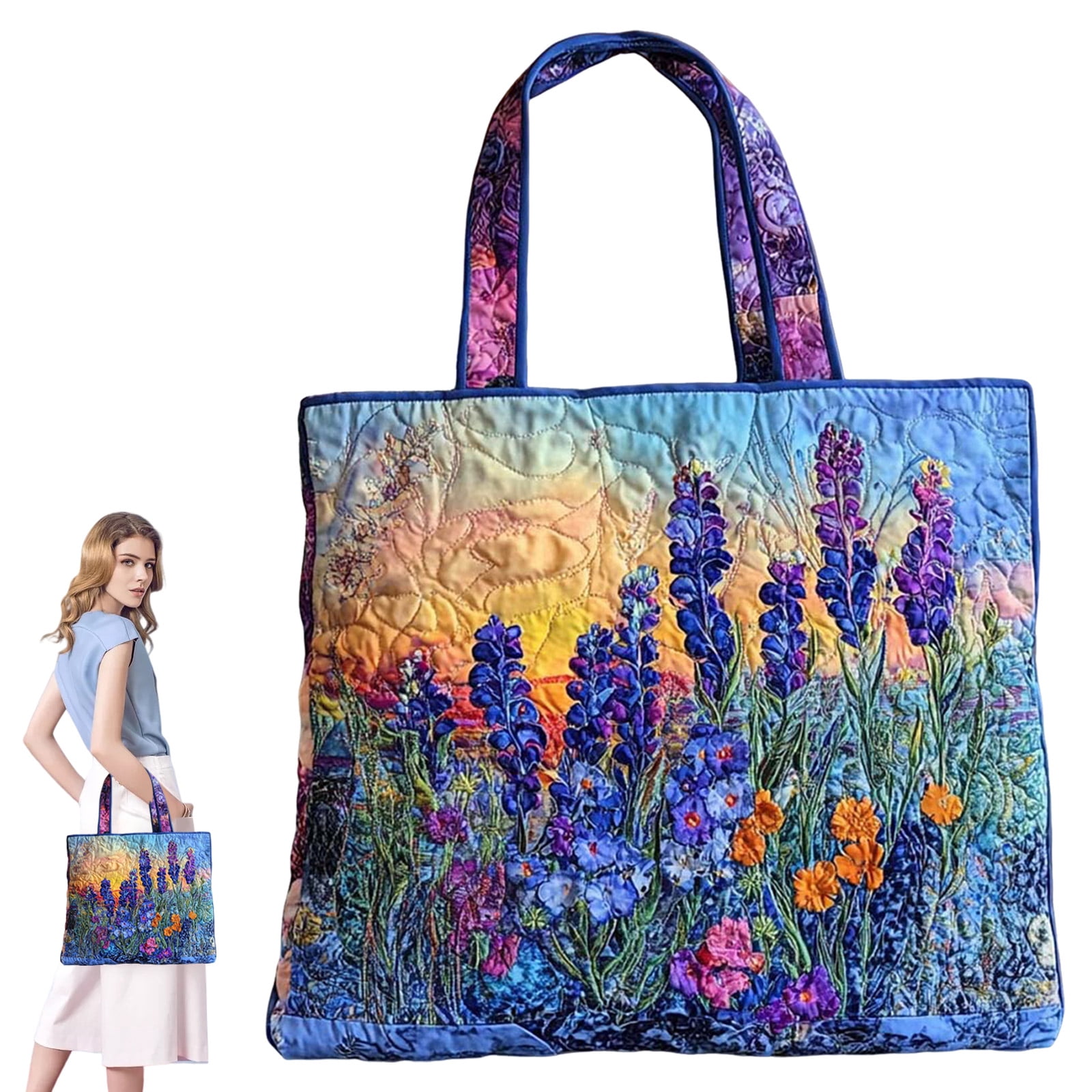 Dwellin Tote Bag for Women Lightweight Puffy Quilted Canvas Handbags Cute Flowers Pint Shoulder Top Handle Satchel for Work Travel