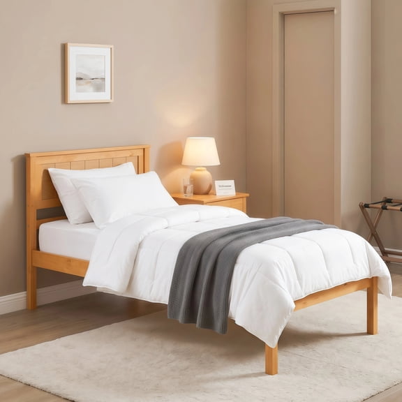 Dwelling Tales Twin Bed Frame with Headboard, Single Bed Platform Frame with 350LBS Sturdy Solid Wood Slat Support, Mattress Foundation, No Box Spring Needed, Oak