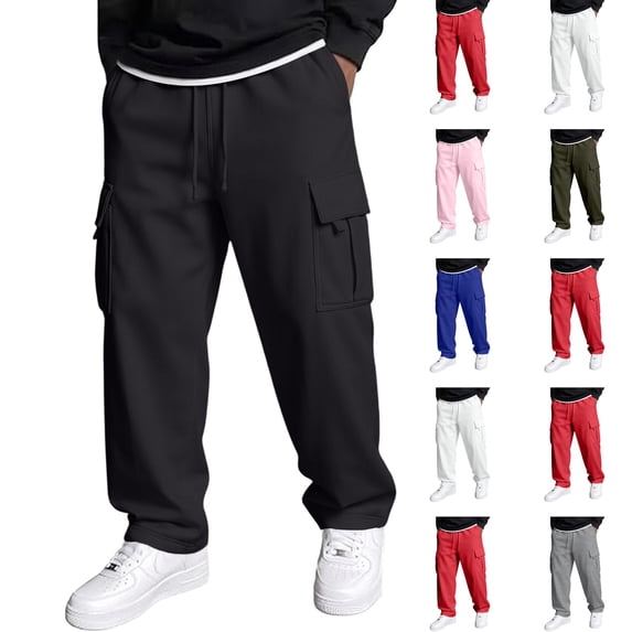 Dwellite Baggy Cargo Sweatpants for Men Wide Leg Jogger Pants Loose Fit Fashion Solid Color Trousers with Pockets Black S