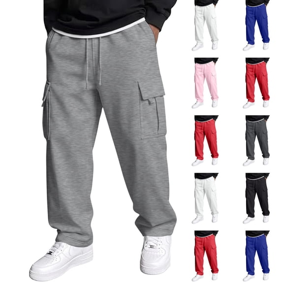 Dwellite Baggy Cargo Sweatpants for Men Wide Leg Jogger Pants Loose Fit Fashion Solid Color Trousers with Pockets Light Gray M