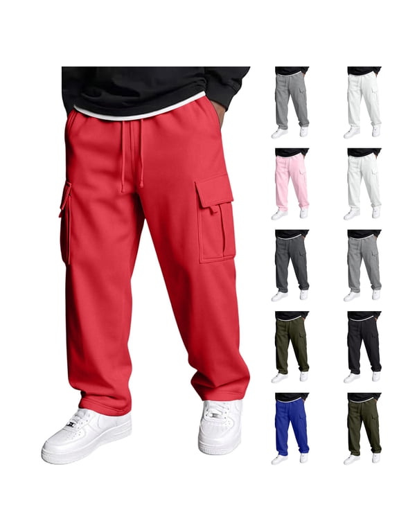 Baggy Cargo Sweatpants for Men Wide Leg Jogger Pants Loose Fit Fashion Solid Color Trousers with Pockets Red S
