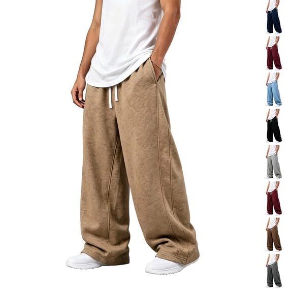 Dwellite Baggy Sweatpants Men Wide Leg Barrel Sweat Pants Loose Fit Drawstring Waist Fall Winter Casual Lounge Pant with Pockets Khaki M