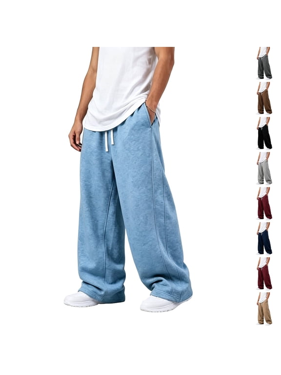 Baggy Sweatpants Men Wide Leg Barrel Sweat Pants Loose Fit Drawstring Waist Fall Winter Casual Lounge Pant with Pockets Sky Blue XL